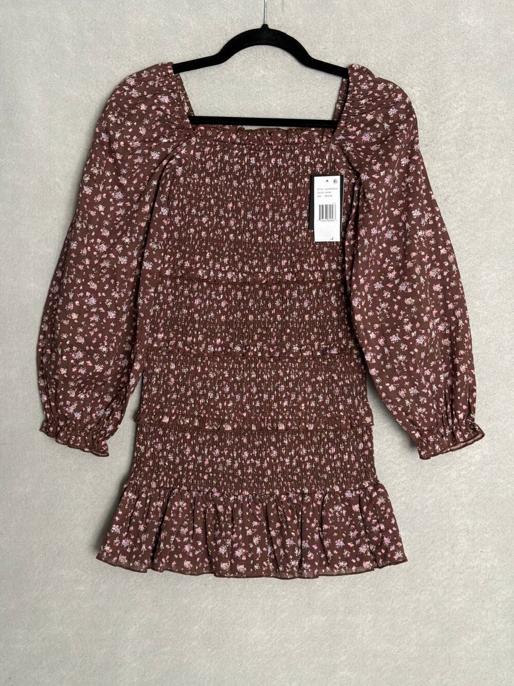 KatieJNYC Laila Smocked Dress Brown Floral Junior (Teen/Tween) Girls XS NEW